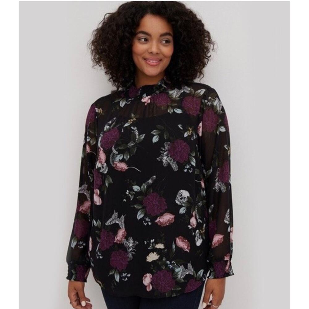 Torrid Black Floral Skull Bird Sheer Chiffon Smocked Mock Neck Blouse Large 0